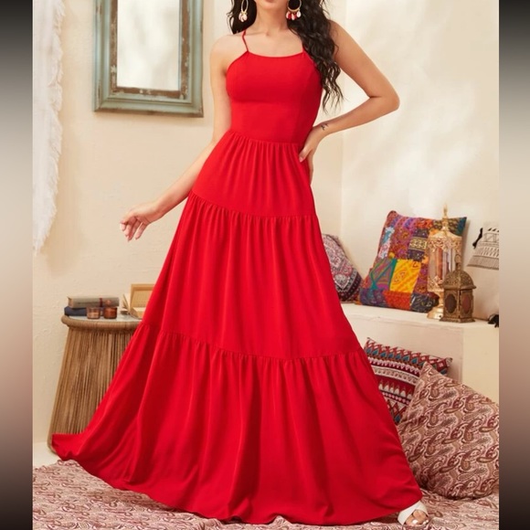 Red lace up back ruffle hem cami maxi dress - Picture 4 of 6
